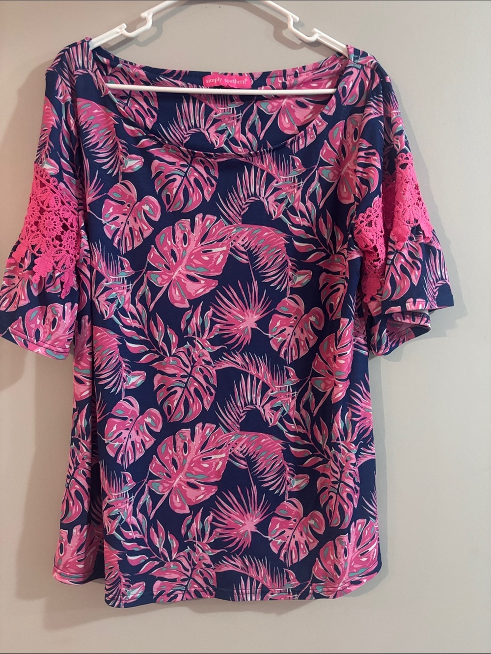 Simply Southern Navy Tunic with Pink Tropical Lace Sleeves
